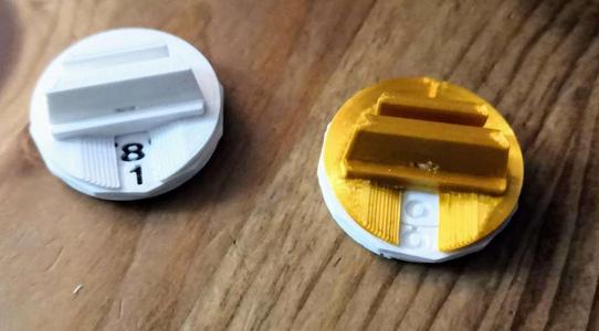 Gloomhaven monster stand with spin dials, indented numbers and flange on the connecting stud