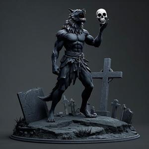 1766 COLORFUL Werewolf Howling with Skull - 3D Model, magic, fox, kung fu, shapeshifter, martial arts, fantasy, Pu Song Ling, warrior, mystic, legend, monster, fair, witch, werewolf, horror, beast, snake, troll, skeleton dance