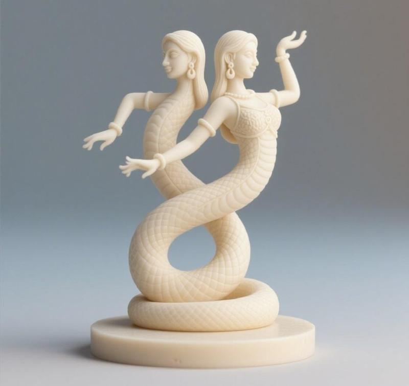 298 Ivory Serpent Dancer with 2 Female Heads - Indian Minimalist Statue, 3d print, magic, collectible, creature, dinosaur, sculpture, bear, monkey, witch, fairy, serpent, cat, fantasy, art, wooden, dragon