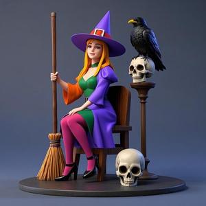 1419 Elegant Witch with Broom, Raven and Skull - Colorful Full-Body Figurine, magic, creature, fantasy, wood, gnome, gorgon, warrior, wild, fox, monster, cat, dog, fair, witch, werewolf, horror, beast, gothic, troll