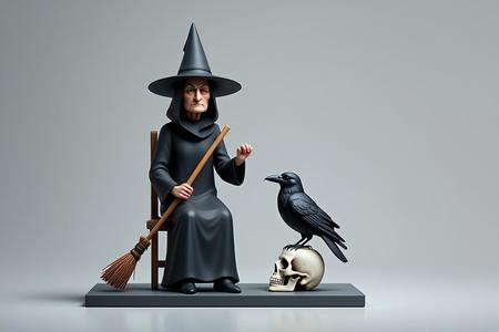 1621 Elegant Witch with Broom, Raven and Skull - Colorful Full-Body Figurine, magic, creature, fantasy, wood, gnome, gorgon, warrior, wild, fox, monster, cat, dog, fair, witch, werewolf, horror, beast, gothic, troll