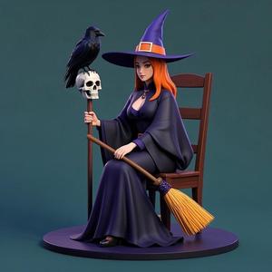 1639 Elegant Witch with Broom, Raven and Skull - Colorful Full-Body Figurine, magic, creature, fantasy, wood, gnome, gorgon, warrior, wild, fox, monster, cat, dog, fair, witch, werewolf, horror, beast, gothic, troll
