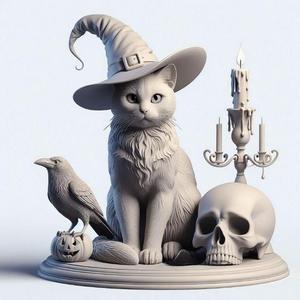896 Witch Cat Composition - Skull, Raven & Candleholder on Shared Ivory Base, magic, creature, fantasy, wood, base, sword, warrior, wild, fox, monster, dog, godzilla, fair, witch, werewolf, horror, beast, gothic, troll