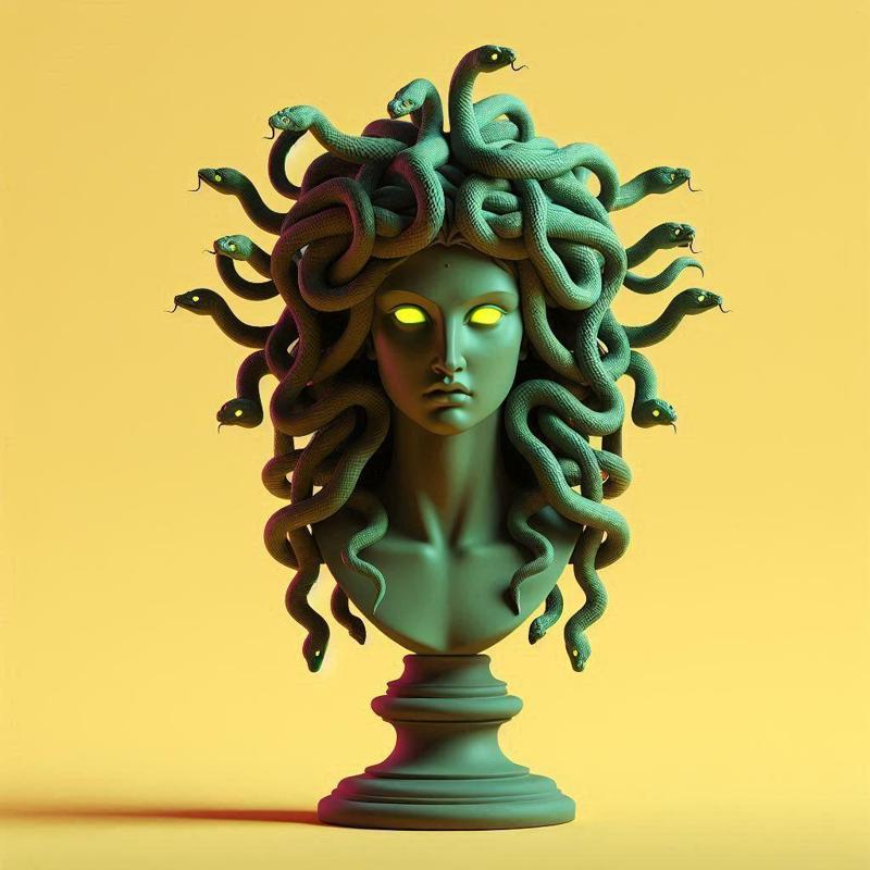 985 Color 3D Model of a Beautiful Gorgon with Snake Hair and Glowing Eyes, fantasy, wood, base, sword, warrior, wild, fox, monster, cat, dog, fair, witch, werewolf, horror, beast, gothic, troll