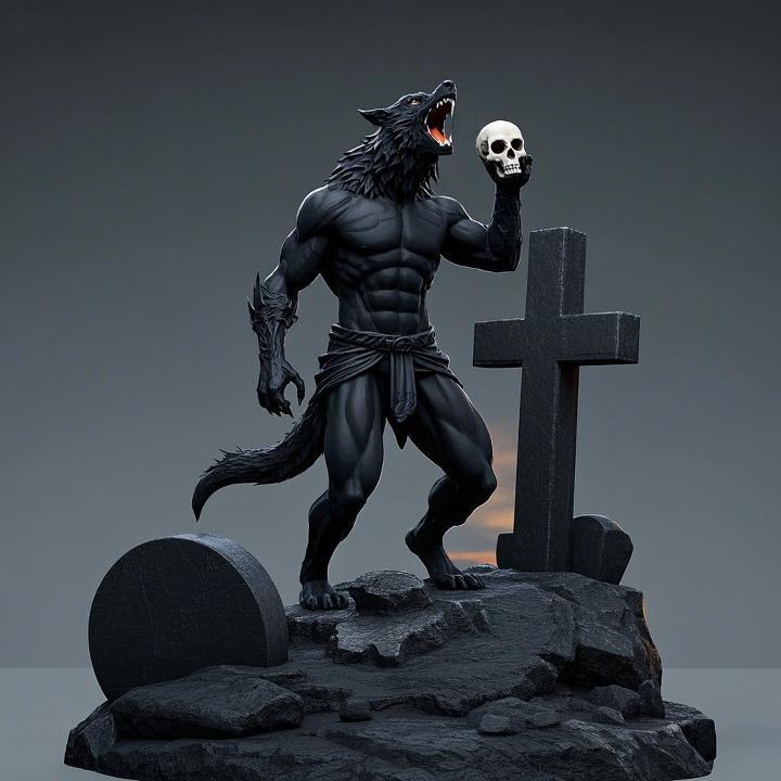 1880 Howling Werewolf with Skull - 3D Printed Statue, magic, dragon, serpent, mask, gnome, gorgon, venetian carnival, wild, fox, monster, cat, fair, witch, werewolf, horror, beast, snake, troll, skeleton dance