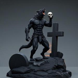 1880 Howling Werewolf with Skull - 3D Printed Statue, magic, dragon, serpent, mask, gnome, gorgon, venetian carnival, wild, fox, monster, cat, fair, witch, werewolf, horror, beast, snake, troll, skeleton dance