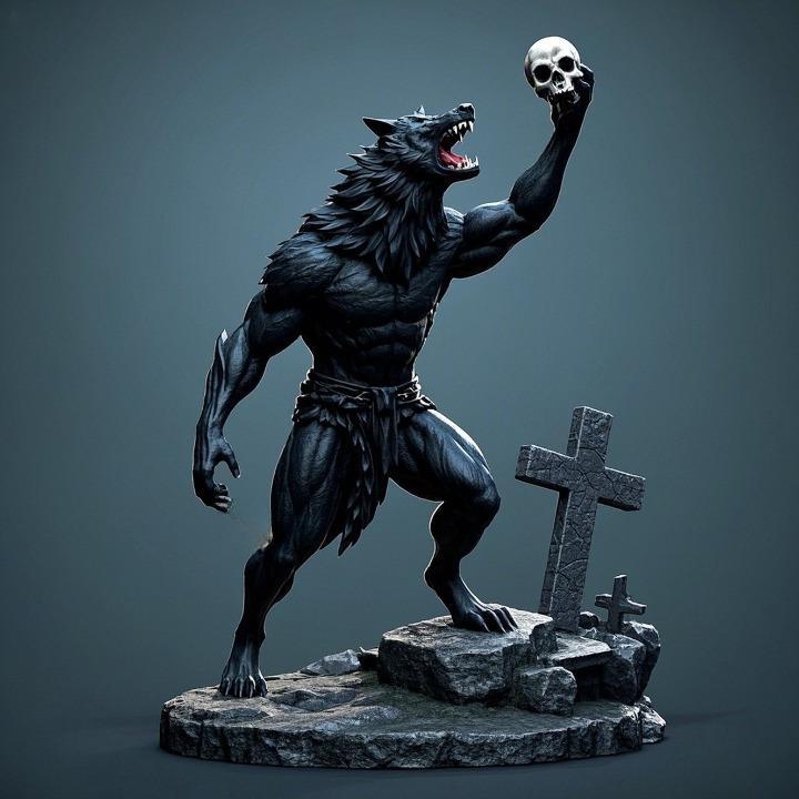 1872 Howling Werewolf with Skull - 3D Printed Statue, magic, dragon, serpent, mask, gnome, gorgon, venetian carnival, wild, fox, monster, cat, fair, witch, werewolf, horror, beast, snake, troll, skeleton dance