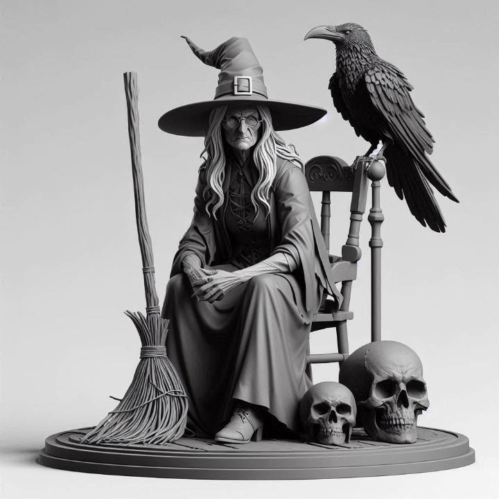 1292 Ivory Witch on Chair with a broom in hand , with Raven and Skull - 3D Figurine, magic, creature, fantasy, wood, gnome, gorgon, warrior, wild, fox, monster, cat, dog, fair, witch, werewolf, horror, beast, gothic, troll