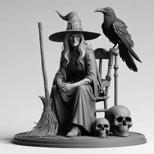 1292 Ivory Witch on Chair with a broom in hand , with Raven and Skull - 3D Figurine, magic, creature, fantasy, wood, gnome, gorgon, warrior, wild, fox, monster, cat, dog, fair, witch, werewolf, horror, beast, gothic, troll