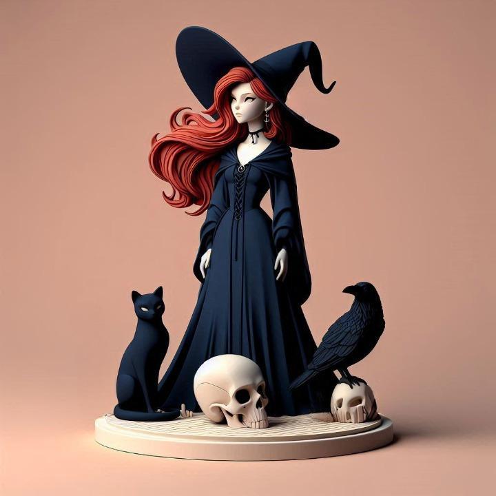 719 Red-Haired Witch with Cat and Raven - Full-Color 3D Model, magic, creature, sculpture, fantasy, wood, base, sword, warrior, wild, dragon, dnd, cat, monster, dog, godzilla, fair, totem, witch, werewolf