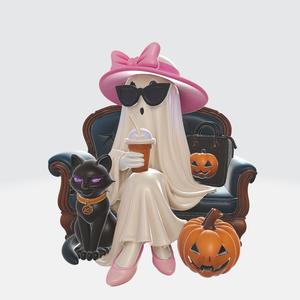 Stylish Ghost with Cat and Pumpkins – Cute Halloween 3D Model for Printing-spooky halloween decor-black cat figurine