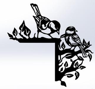 Two Birds on Branches Door Corner Design - Line Art