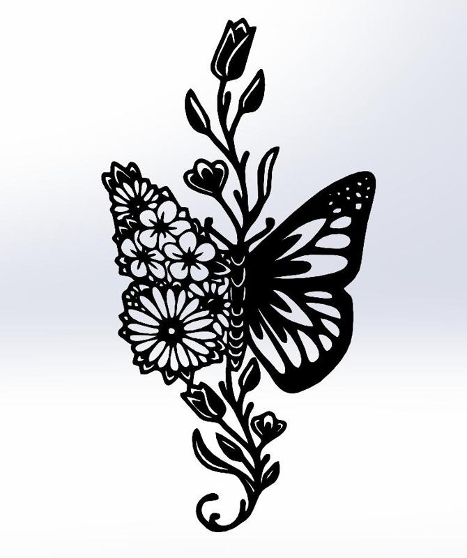 Butterfly with Blossoming Flowers Line Art