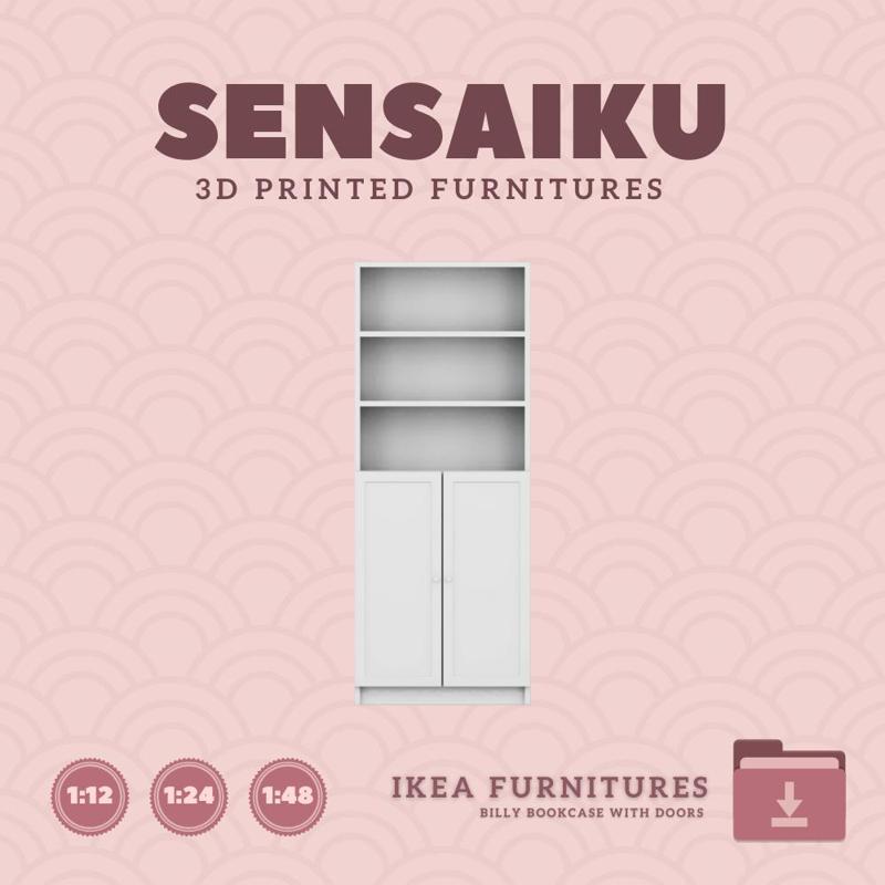 Miniature Replica Billy Bookcase Combination with Doors for Miniature Dollhouse - IKEA (1:12,24,48) - 3D Print Instant Download