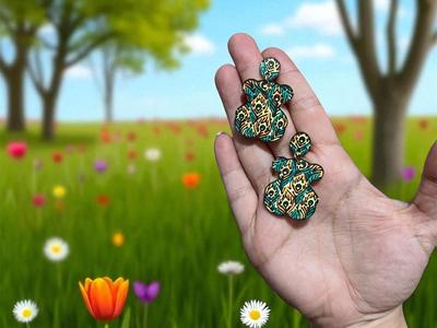 Peacock patterned bear earrings 