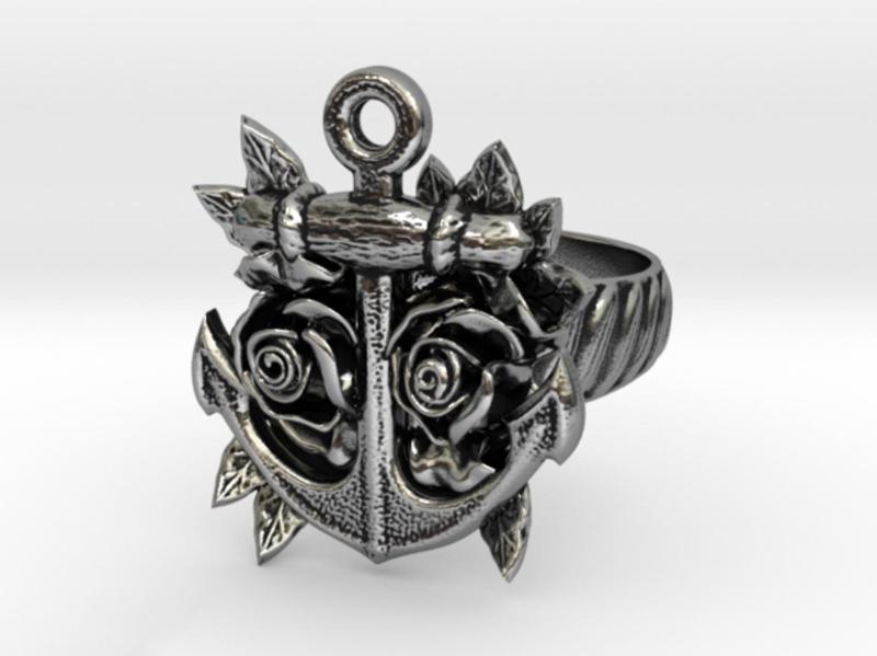Anchor & Roses Tattoo style ring