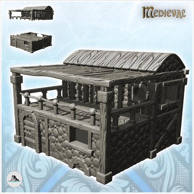 Medieval house with covered balcony and wooden door (1) - Medieval Fantasy Magic Feudal Old Archaic Saga 28mm 15mm