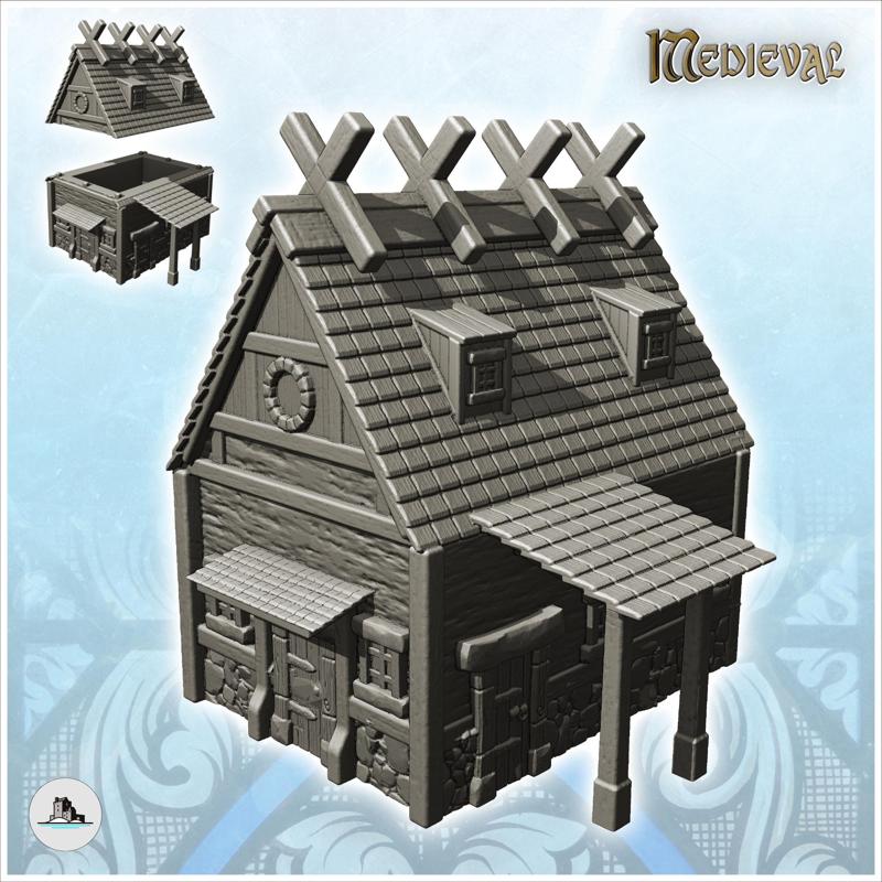 Medieval building with side awning and wooden motifs on roof (9) - Medieval Gothic Feudal Old Archaic Saga 28mm 15mm