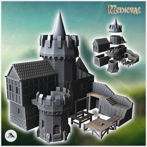 Medieval castle with two stone towers, external staircase and game for executions (6) - Medieval Gothic Feudal Old Archaic Saga 28mm 15mm RPG