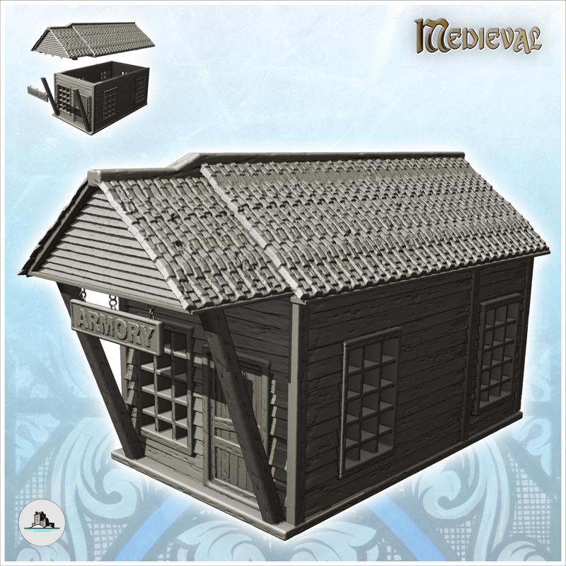 Medieval wooden armory with tiled roof and large entrance canopy (12) - Medieval Gothic Feudal Old Archaic Saga 28mm 15mm RPG