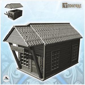 Medieval wooden armory with tiled roof and large entrance canopy (12) - Medieval Gothic Feudal Old Archaic Saga 28mm 15mm RPG