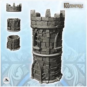 Medieval round stone tower with battlements and Gothic windows (20) - Medieval Gothic Feudal Old Archaic Saga 28mm 15mm