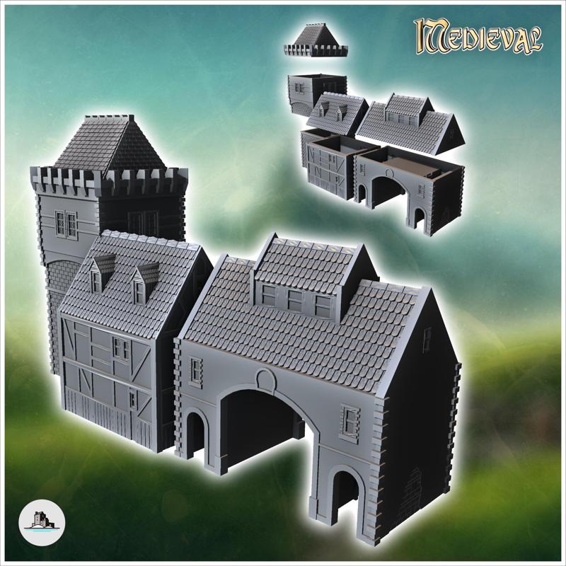 Large medieval half-timbered building with stone tower and triple arches (20) - Medieval Gothic Feudal Old Archaic Saga 28mm 15mm RPG