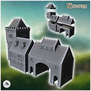 Large medieval half-timbered building with stone tower and triple arches (20) - Medieval Gothic Feudal Old Archaic Saga 28mm 15mm RPG