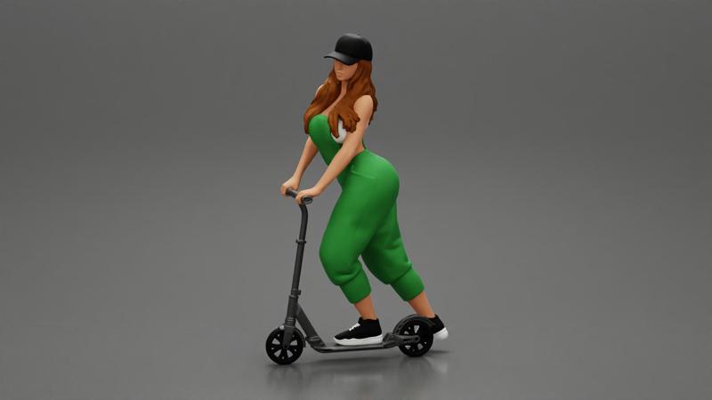 roller derby girl rolling fastSexy Woman Riding Electric Scooter At Parking Wearing overalls suit and cap