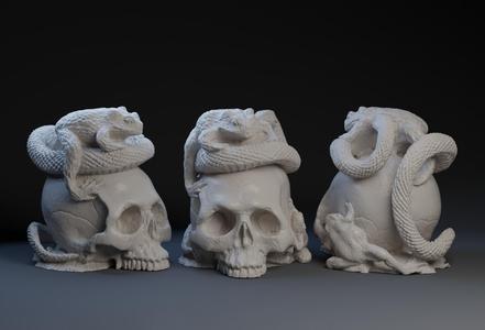 Skull Snake Frog Netsuke : Kimono Sash Counterweight.