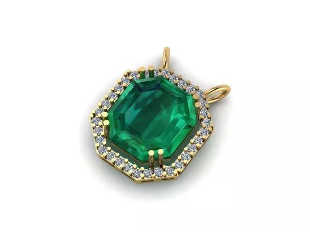 Hexagon Emerald Pendant with Diamond Halo
