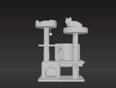 Indoor Cat Playground 3D Model | Multi-Level Kitty Tower with Cream Plush & Light Wood | Durable Scratching Post & Hammock Design