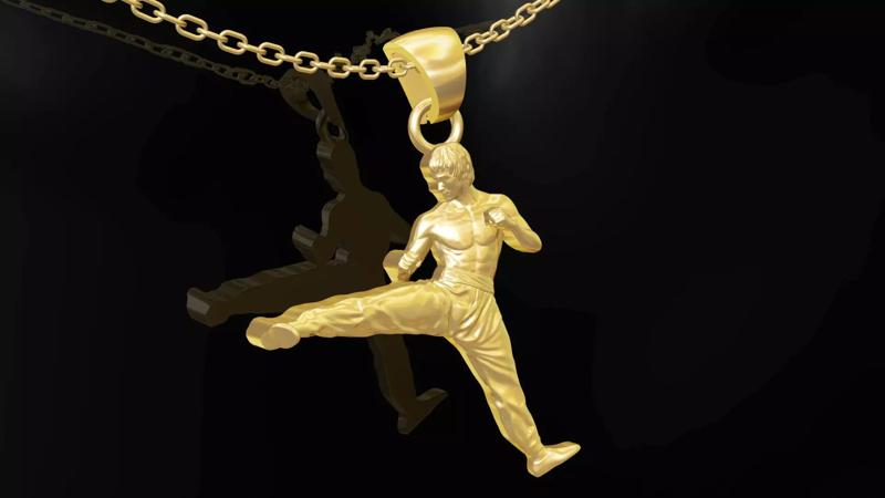 Bruce Lee Statue Sculpture pendant jewelry gold