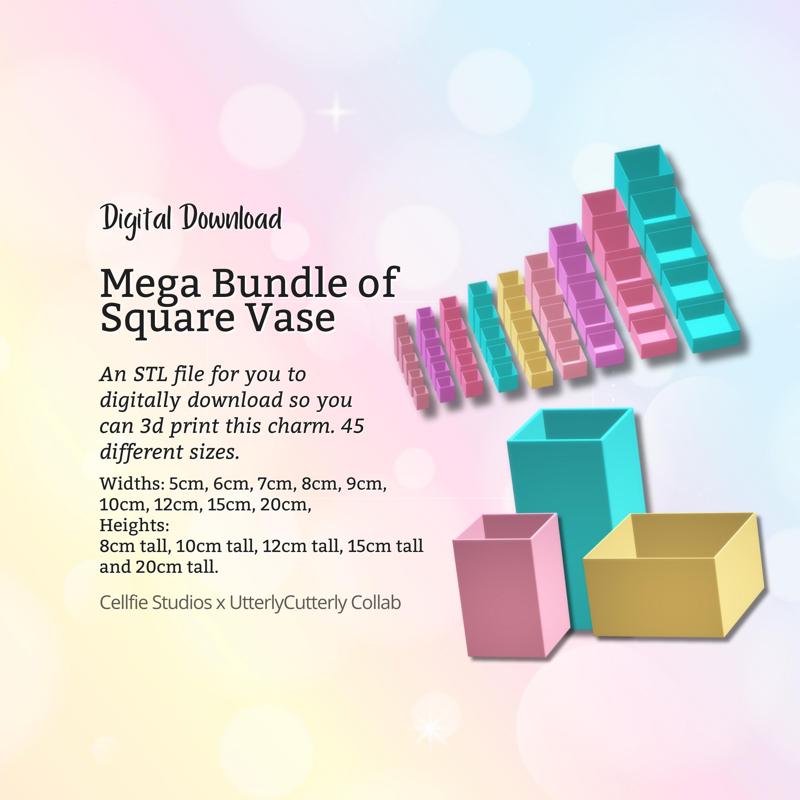 Mega Bundle Square Vase STL File - Digital Download -45 Sizes- Homeware, Minimalist Modern Design