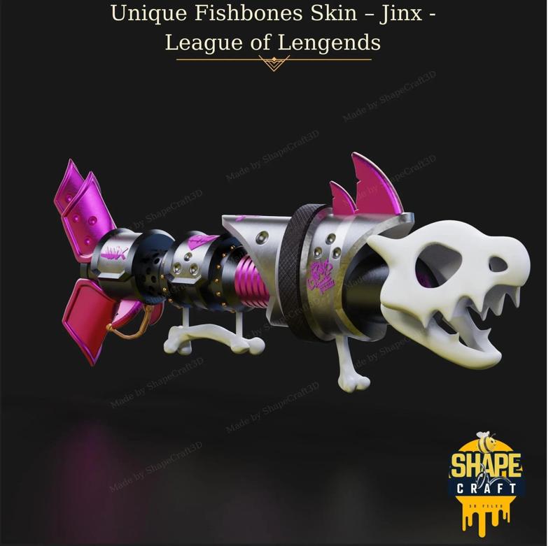 Jinx's Fishbones Blaster STL File - Unique Fan Art Jinx Cosplay Blaster - Fishbones STL File from League of Legends - Ready to Print Model