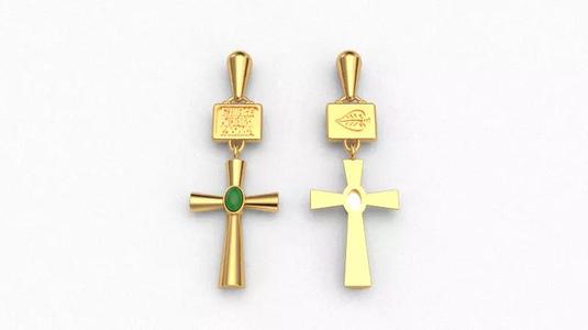 Krest-cross 3D print model gold cross pendant with emerald stone
