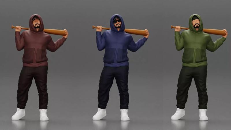 3 models Gangster in hoodie holding Baseball Bat on his shoulder