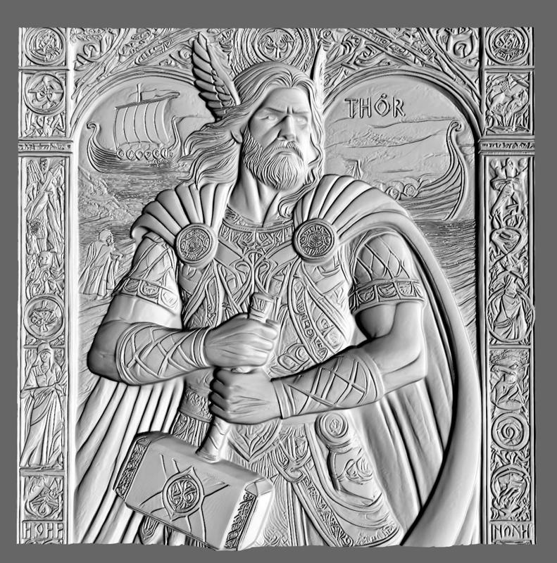 Thor's Thunderous Might: A Modern Bas-Relief Masterpiece, Bas-Relief, 3d Print, CNC Stl Model