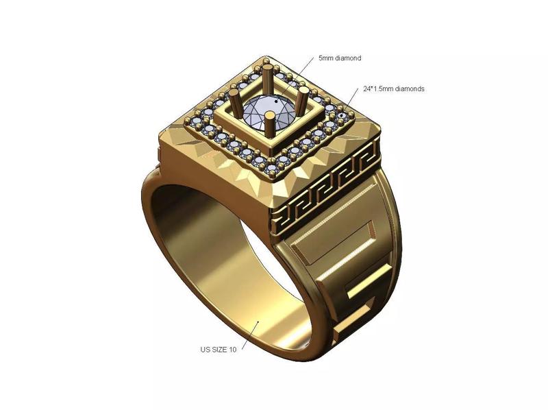 Square diamond cluster greek key pattern signet US size 10