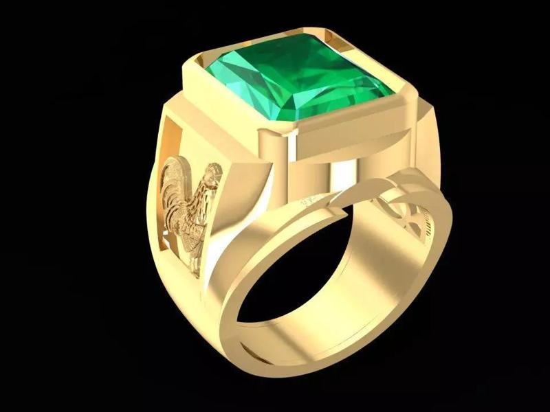 Zodiac Emeral Men Ring with Lucky Rooster 775