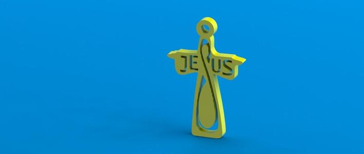 3D cross with wings and openwork text "JESUS" - Modern religious pendant and keychain