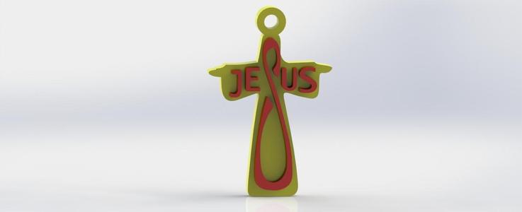 3D cross with wings and text "JESUS" embossed - Modern religious pendant and keychain