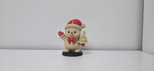 Waving Snowman with Santa Hat and Mini Tree
