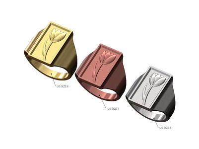 Tulip flower relief rectangular signet ring
