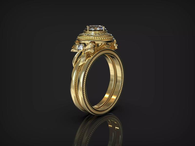 Bow wedding band with 2 small and 1 main large diamond