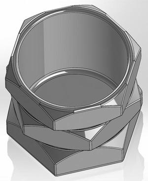 A pen cup in the shape of 3 nuts with round tiles between them