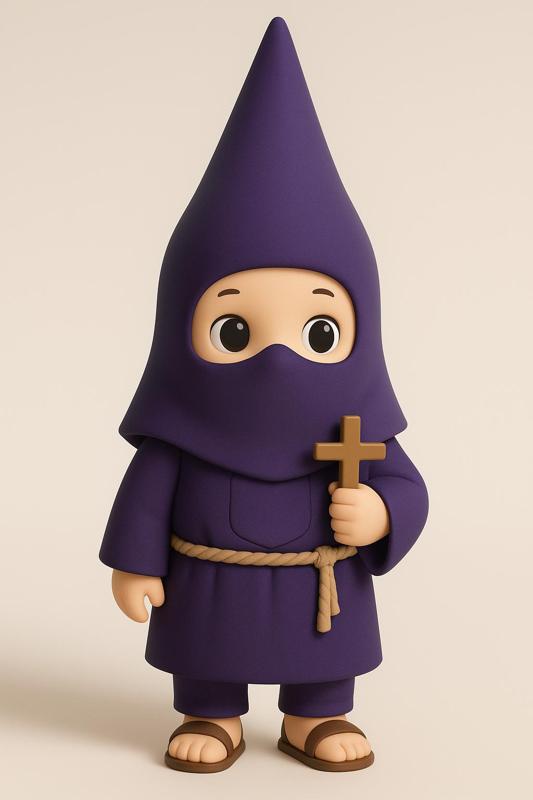 3D Printable Cute Holy Week Nazarene Figurine with Purple Hood and Cross - Childlike Spanish Easter Penitent for Religious Decoration and Procession Collectibles