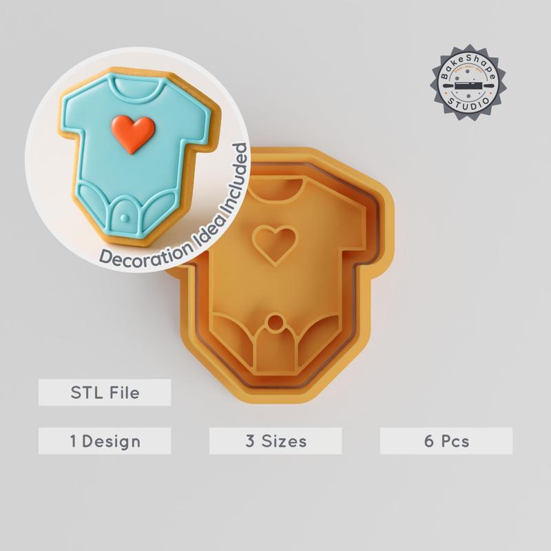 Baby Bodysuit Shape Cutter & Stamp, Perfect for Cookies & Fondant, 6 Piece Set, Sizes S/M/L