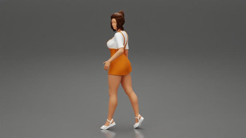 Sensual Girl walking in Denim Overall