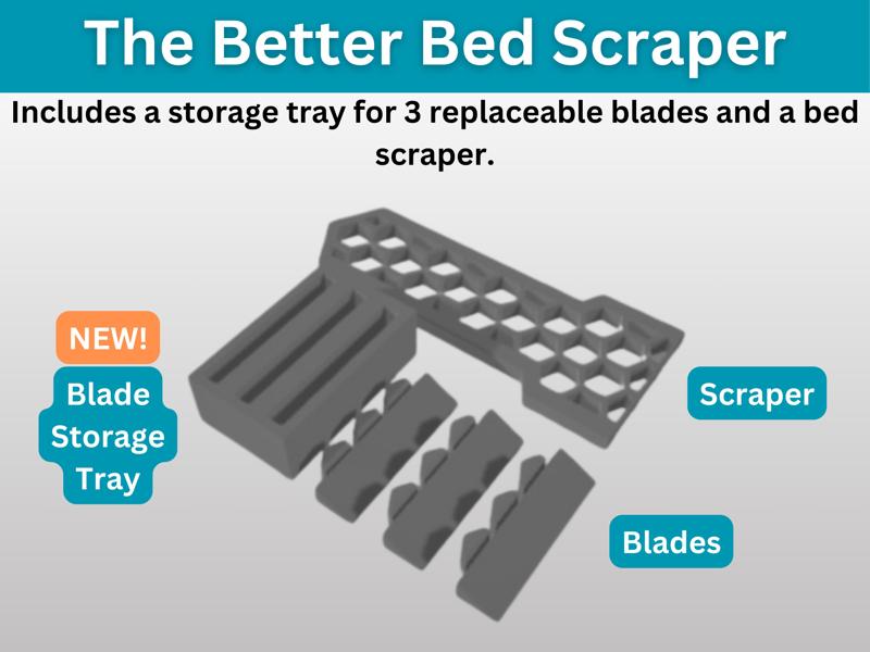 Bed scraper w/ replaceable blades & storage